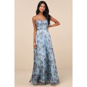 Lulus Most Beautiful Day Blue Multi Floral Print Organza Maxi Dress - Size L